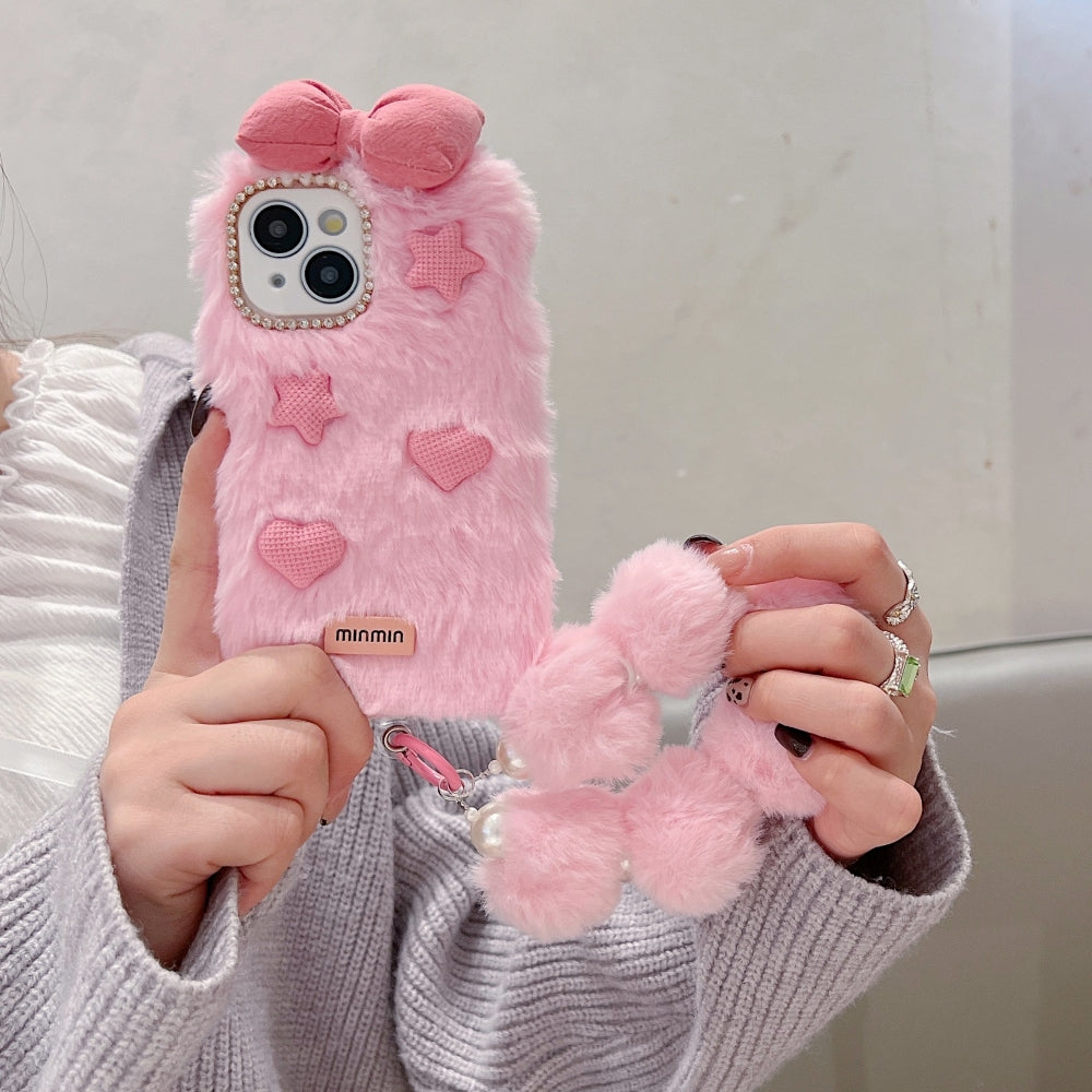 Bow Pattern Furry Soft Phone Case with Furry Bracelet - iPhone 16 Pro Max